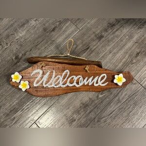 Handmade welcome wooden porch door sign Hawaiian plumeria Rubra flower hanging